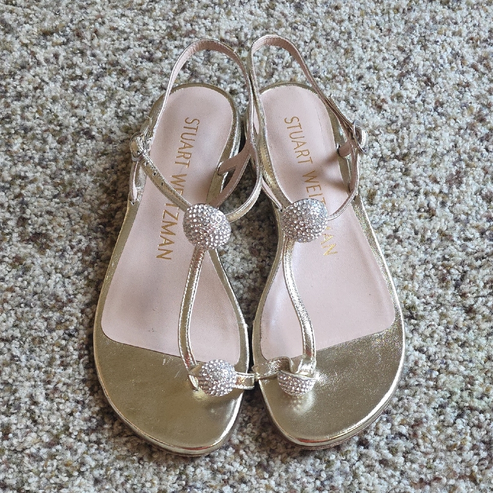 Stuart Weitzman Gold Thong Sandals with Metallic Finish